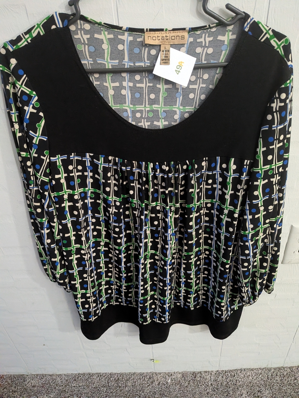 Notations Black Scoop-Neck Blouse with Green & Blue Geometric Print